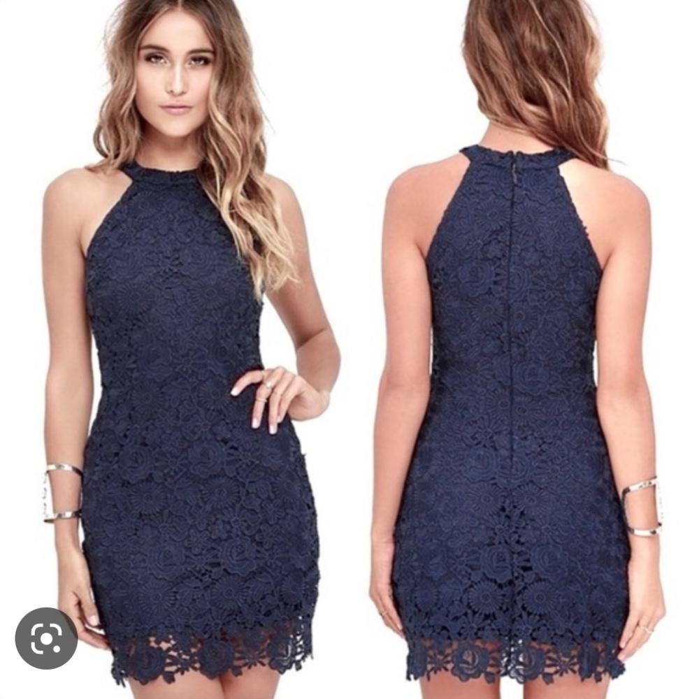 LULU’S LOVE POEM NAVY BLUE LACE MINI DRESS Small